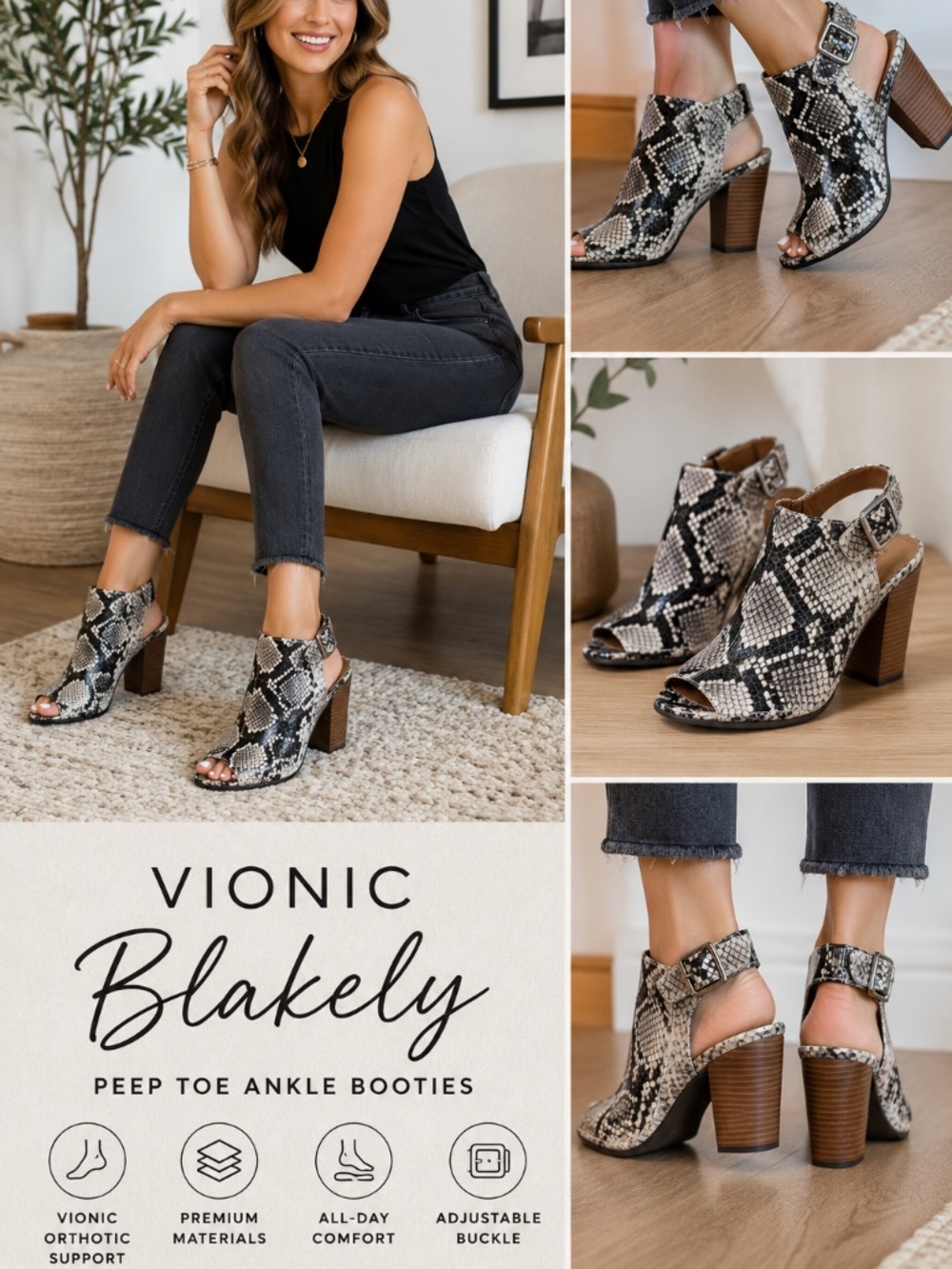 Vionic Blakely Snakeskin Peep Toe Ankle Booties Size 8.5 Block Heel